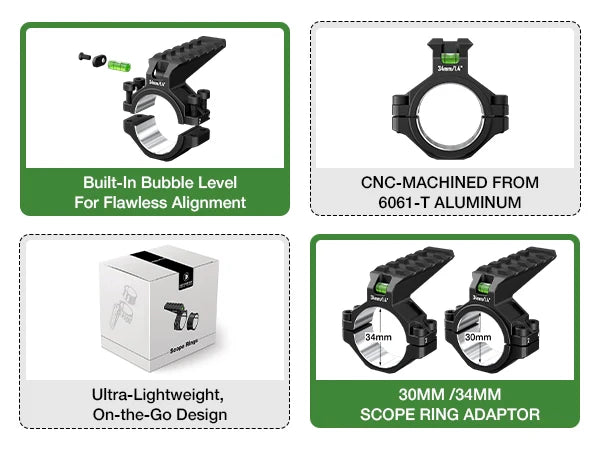 2025 NEW! 6061 Series Aluminum Scope Rings -  Bubble Level & Picatinny Rail | 30/34MM-Fits 0.85-inch Bases